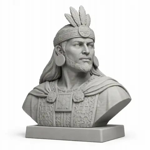 Bust of a historical warrior wearing a feathered headdress and ornate clothing on a pedestal.