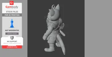A 3D model of a cat wearing barbarian armor, carrying a sword, designed for 3D printing.