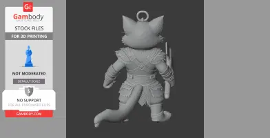Anthropomorphic cat barbarian figure, back view, dressed in armor, holding a weapon, with a ring on head.
