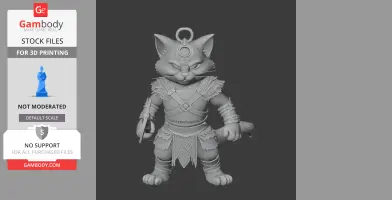 A warrior cat figure with armor and a tail, holding a weapon, designed for 3D printing.