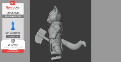 A 3D model of a cartoon cat dressed as a barbarian, holding an axe, ready for 3D printing.