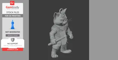 Cat warrior 3D model with armor and axe, standing pose for printing.