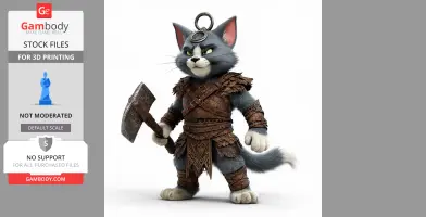 Anthropomorphic cat in barbarian armor holding an axe with a keyring on its head.