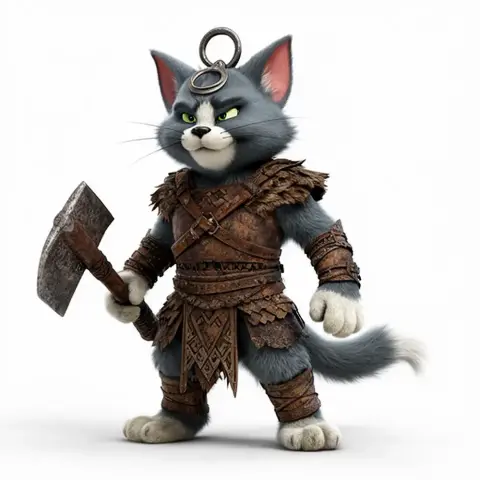 A warrior cat figure wearing armor and holding a large hammer, with a ring on its head.