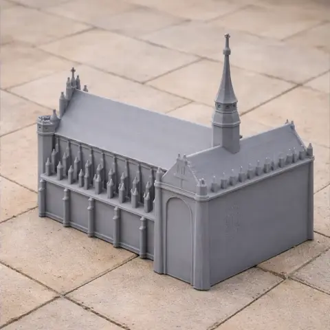 Gray 3D-printed Gothic-style architectural model with intricate spires and a tall central tower.