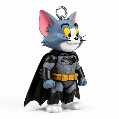 Tom Cat dressed as Batman in a superhero suit with a cape, designed as a keychain figure.