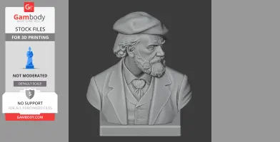 3D bust of a man in a beret with a suit and beard, facing right, designed for 3D printing.