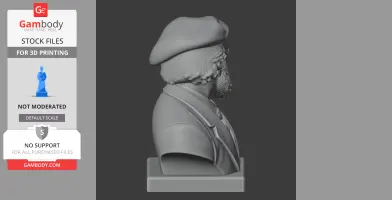 3D model of a bust depicting a historical figure in a beret and jacket, viewed from the side.