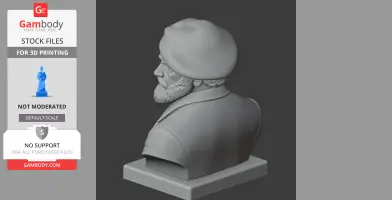 A 3D model of a bearded man wearing a beret, viewed from the side, mounted on a rectangular base.