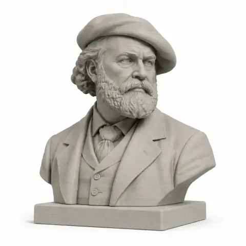 Bust of a historical warrior in a suit and beret, with a beard, on a rectangular base.