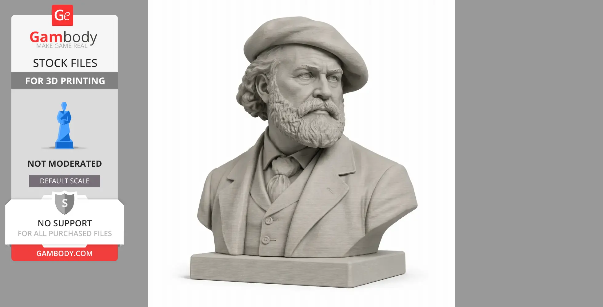 Bust of a bearded man in a beret and suit, on a rectangular base, styled for 3D printing.