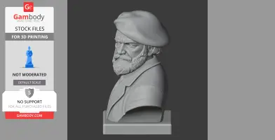 Bust of a bearded man in a beret, looking to the side, on a display pedestal.