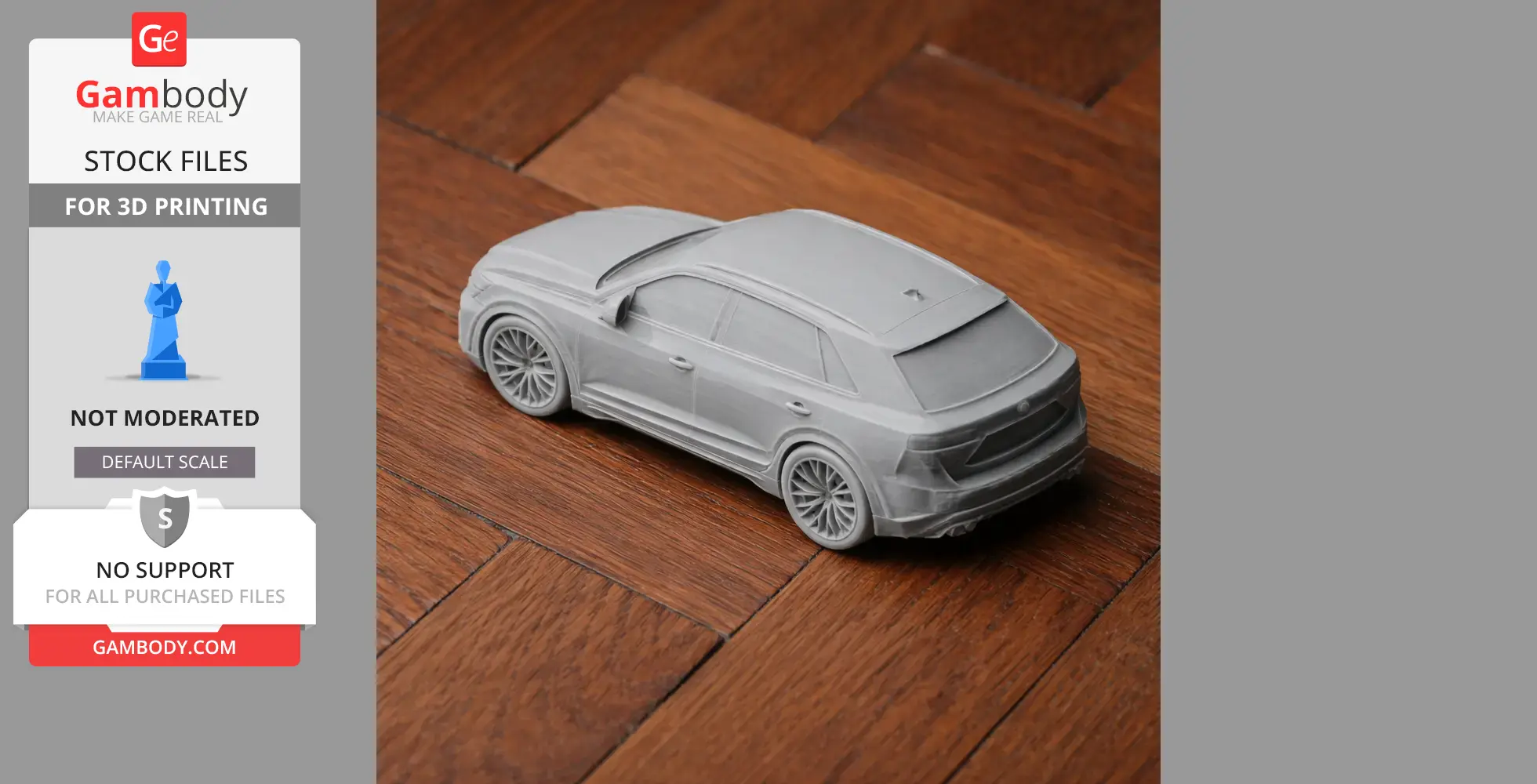 3D printed scale model of an Audi Q8 SUV on a wooden surface.