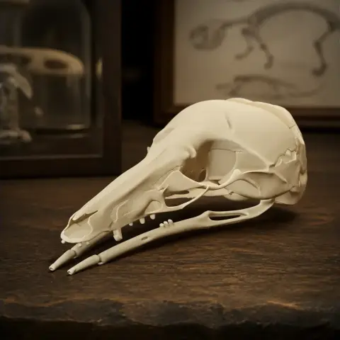 3D-printed honey possum skull replica on a dark wooden surface, with sketches in the background.