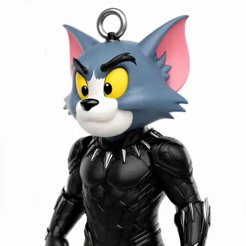 A cartoon cat in a Black Panther suit, part of a ring, with a fierce expression and spiked collar.