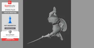 Ancient warrior 3D model with spear, shield, and helmet, in a dynamic pose for printing.