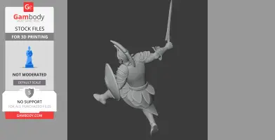 Ancient warrior in dynamic pose, armor with crest helmet, sword raised and shield at side.