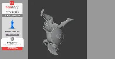 A 3D model of an ancient warrior sculpture with armor, shield, and helmet, in an upside-down pose.