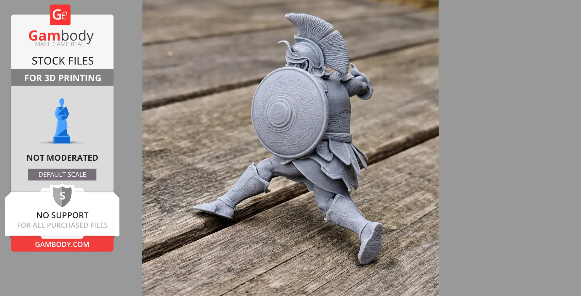 A 3D-printed ancient warrior model, in a dynamic pose, holding a shield and wearing a crested helmet.