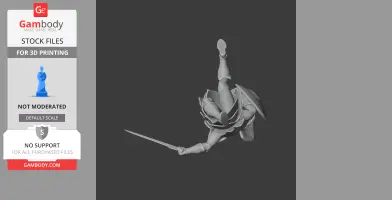 A dynamic 3D model of an ancient warrior in mid-air pose, raising a shield and wielding a sword.