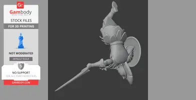 A 3D model of an ancient warrior performing an acrobatic move with a spear and shield.