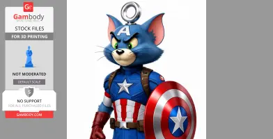 Anthropomorphic cat in Captain America costume with shield and ring on head, ready for 3D printing.