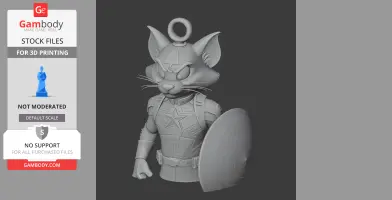 Cat figure dressed as a superhero with a star emblem, holding a circular shield.