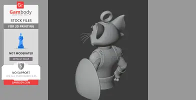 A 3D model of a cartoon cat with armor, shield, and ring on head, viewed from behind.