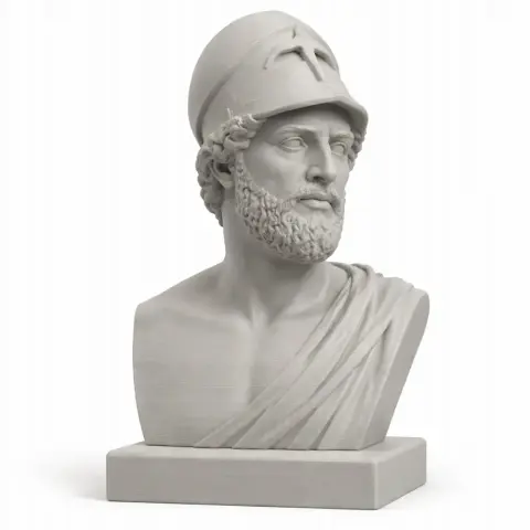 Bust of an ancient warrior wearing a crested helmet, detailed beard, and draped clothing on a pedestal.