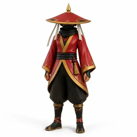Warrior figurine in red robe and hat, ready for 3D printing. Stands confidently with intricate details.