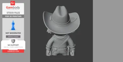 Cowboy cat figure from the back, wearing a large hat, scarf, and belt with a holster.