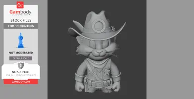 A 3D model of a cartoon cat dressed as a cowboy with a hat, badge, and bandana, ready for 3D printing.