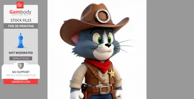 Cartoon gray cat dressed as a cowboy with a hat, red bandana, and sheriff badge.