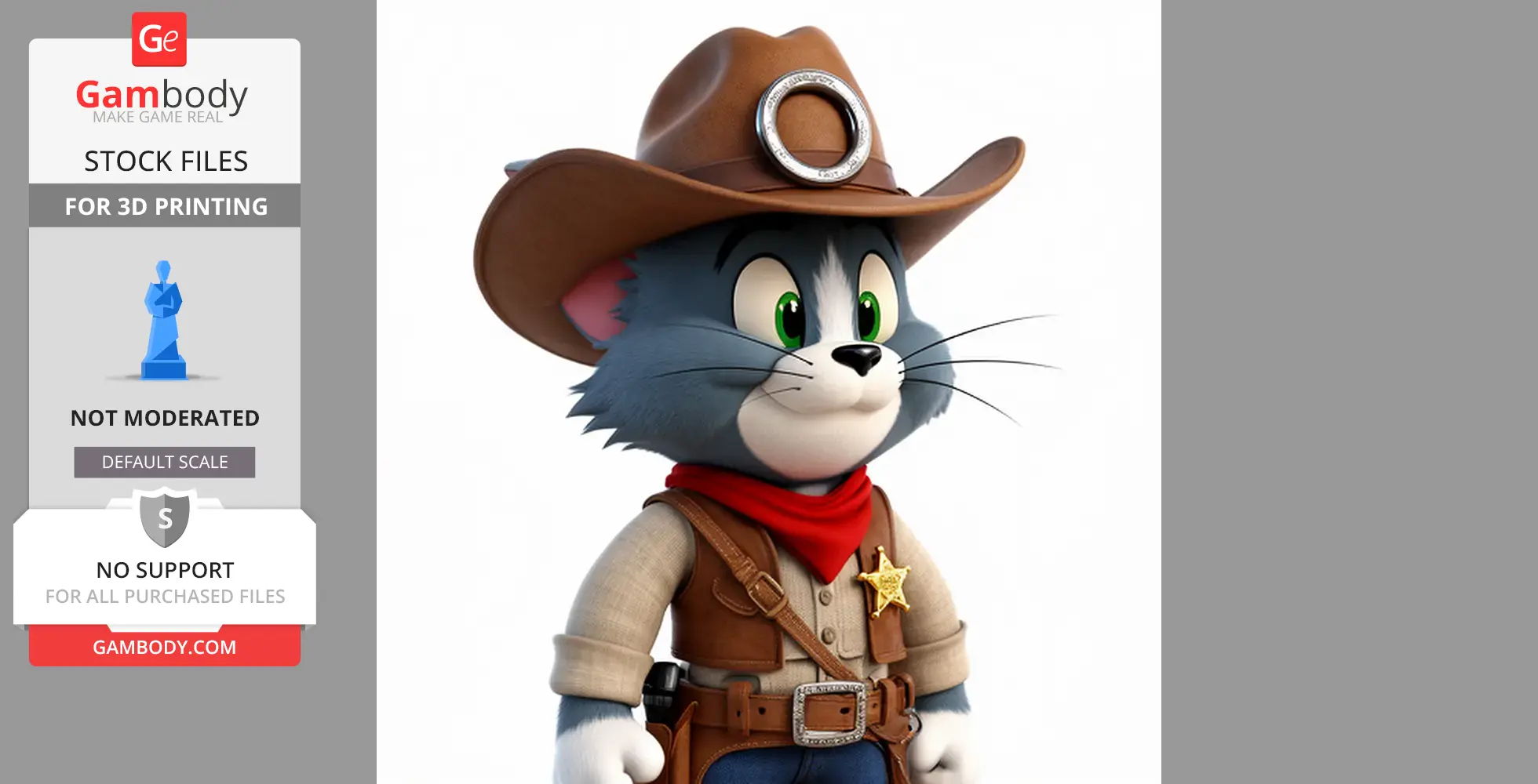 Cartoon gray cat dressed as a cowboy with a hat, red bandana, and sheriff badge.