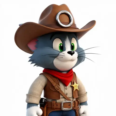 A cartoonish cat in cowboy attire with a hat, bandana, and sheriff badge, ready for 3D printing.