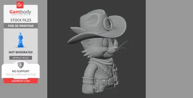 Cartoon cat with cowboy attire: hat, bandana, vest, and belt, in a 3D printable model.