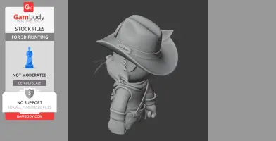 Cat character in cowboy attire, wearing a wide-brimmed hat, viewed from the side.