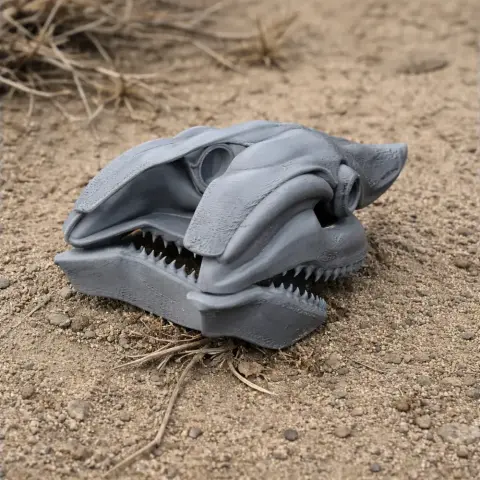 3D-printed gray horn shark skull replica on sandy ground.