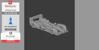 3D model of an Audi R15 TDI race car in gray, designed for 3D printing.