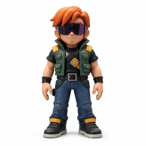 A stylish figurine with sunglasses, orange hair, a vest, and jeans, ready for 3D printing.