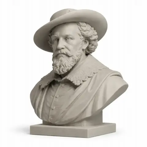 3D printed bust of a bearded man in a wide-brimmed hat and detailed attire.