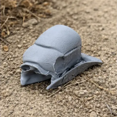3D-printed helmeted hornbill skull replica on a gravel surface.