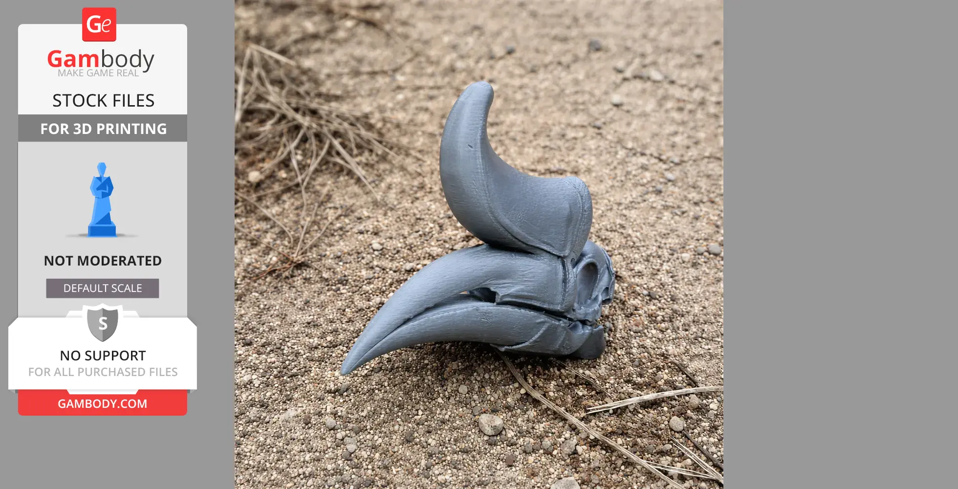A 3D printed rhinoceros hornbill skull replica on sandy ground.