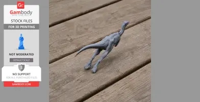 Gray Zephyrosaurus 3D print model standing on wooden planks, viewed from behind.