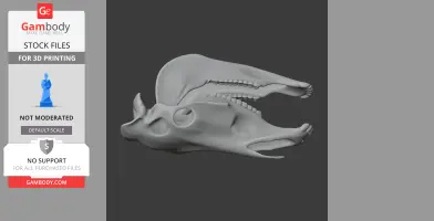 3D model of an anatomically detailed horse skull, viewed from the side.