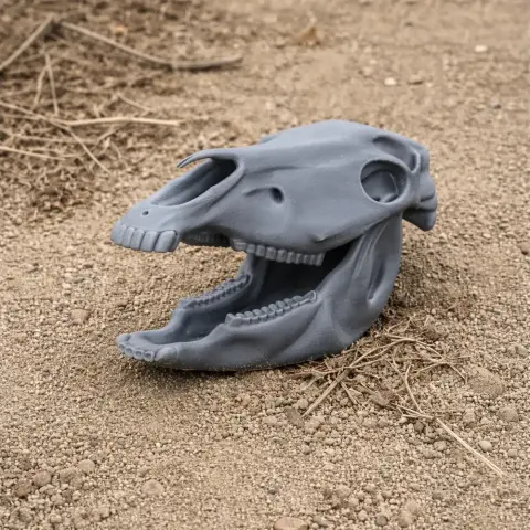 A gray 3D-printed horse skull model resting on a sandy surface.