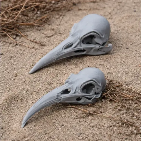 Two detailed 3D-printed bird skull replicas with long beaks, placed on sandy ground.