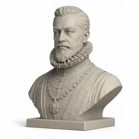 3D-printed bust of a bearded man in ornate attire and ruffled collar, mounted on a square base.