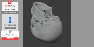 A stylized, artistic 3D model of a human skull in grayscale, designed for 3D printing.