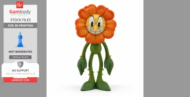 A grinning flower character with an orange face, long green limbs, and leaf-like hands and feet.